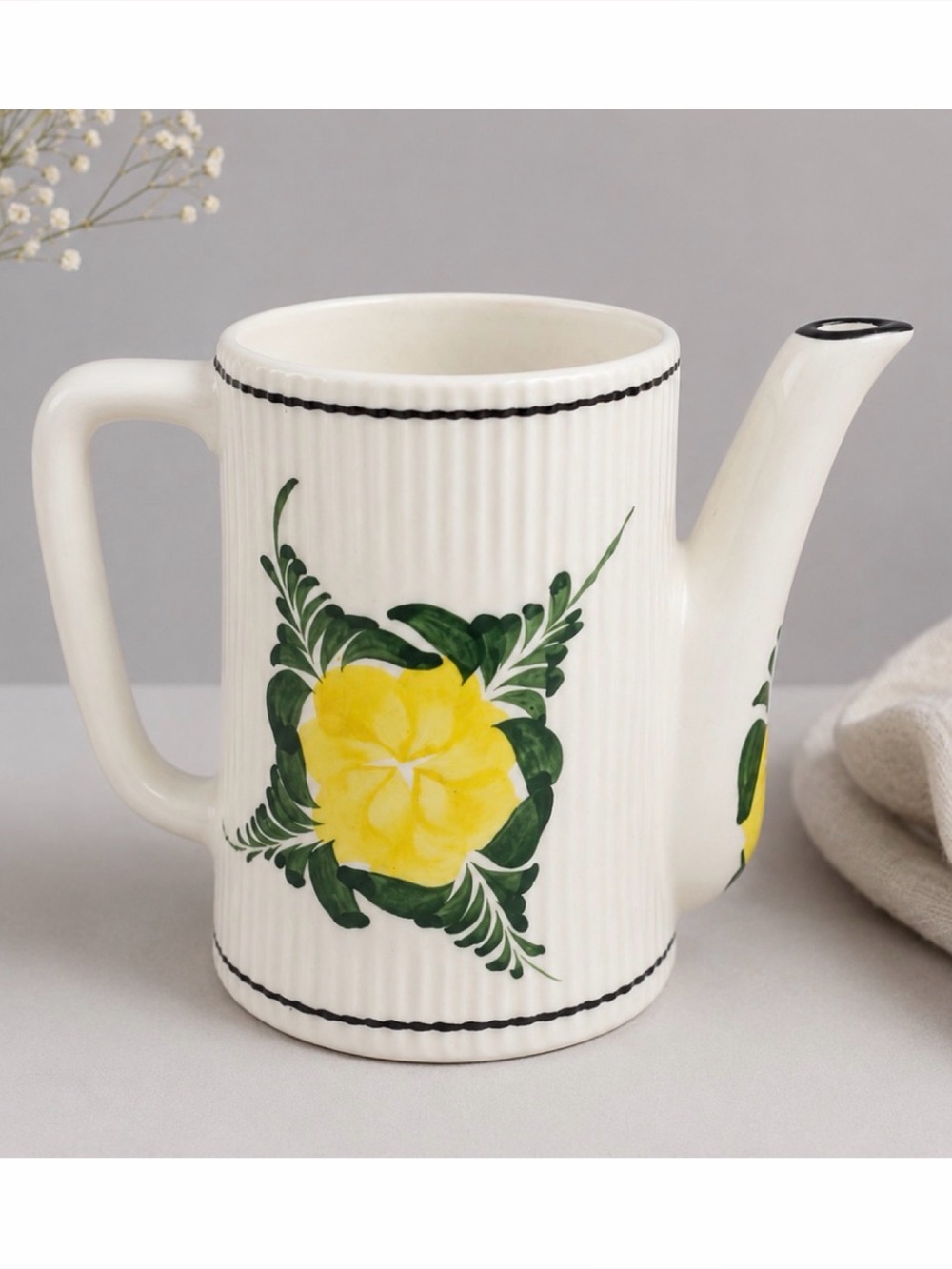Ivory/Yellow/Green Hand-Painted Floral MCM Ceramic Pitcher